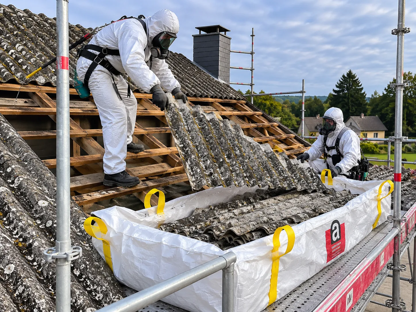 Asbestos roof removal from scaffolding with protective equipment
