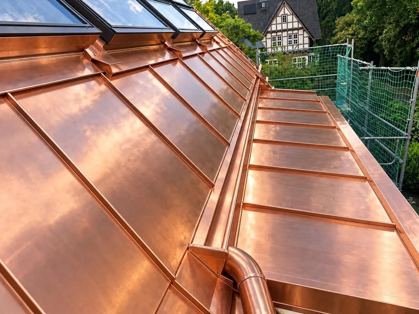 Standing seam copper roof with downpipe