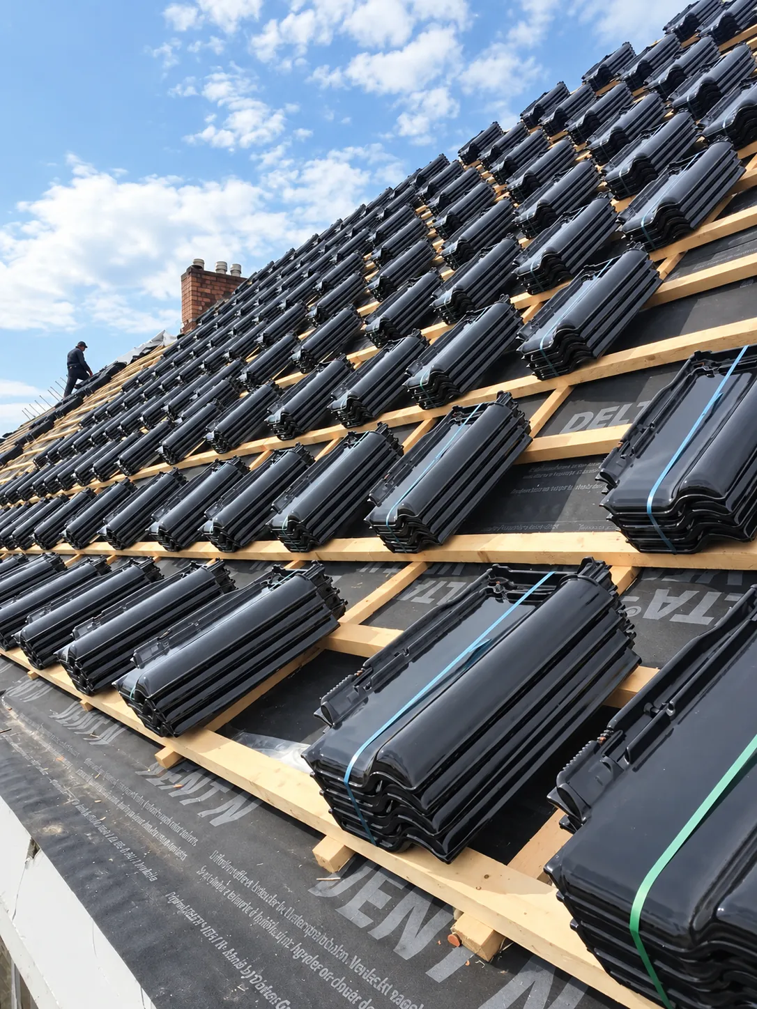Roofing site with stacked roof tiles