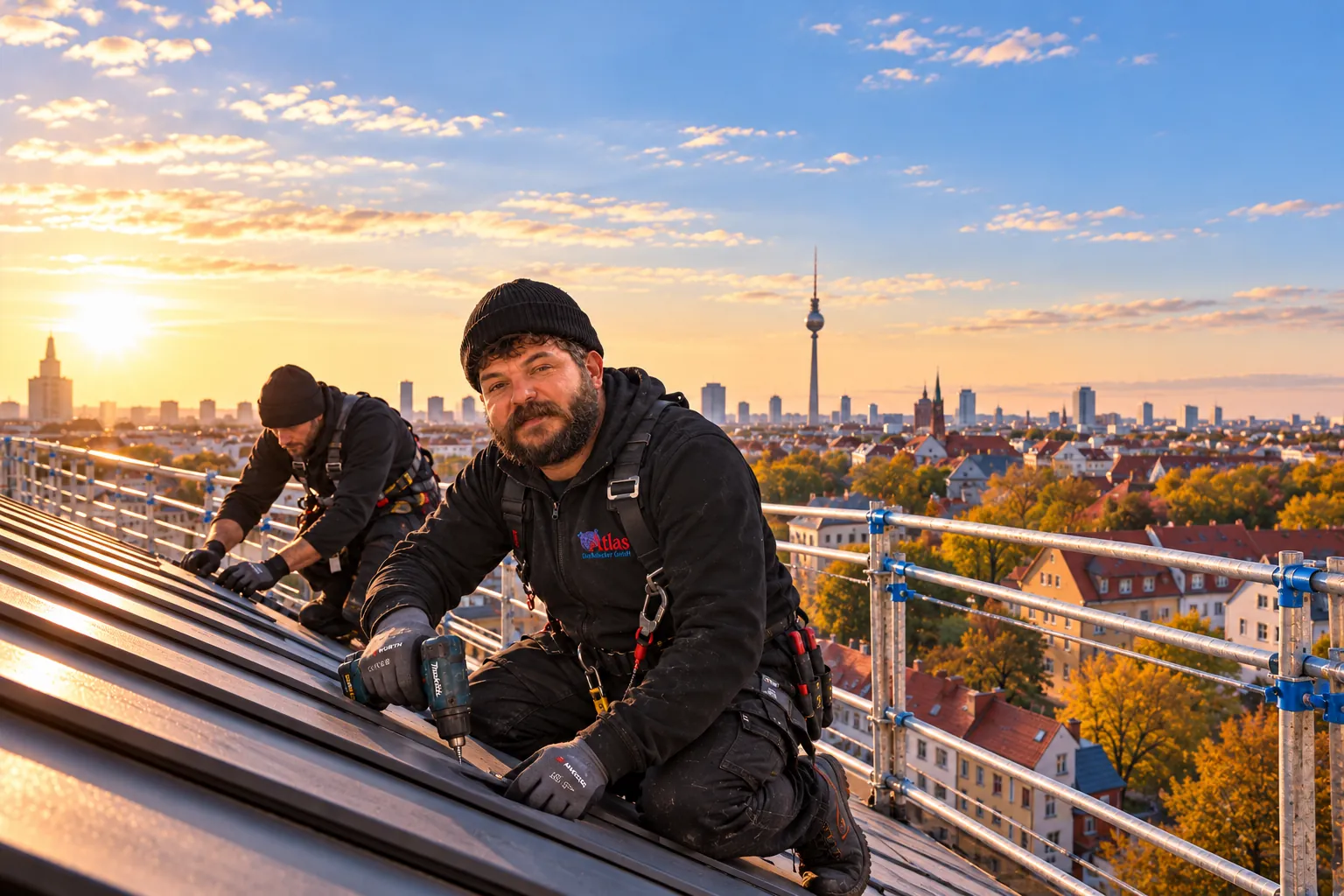 Atlas roofers at sunrise above Berlin