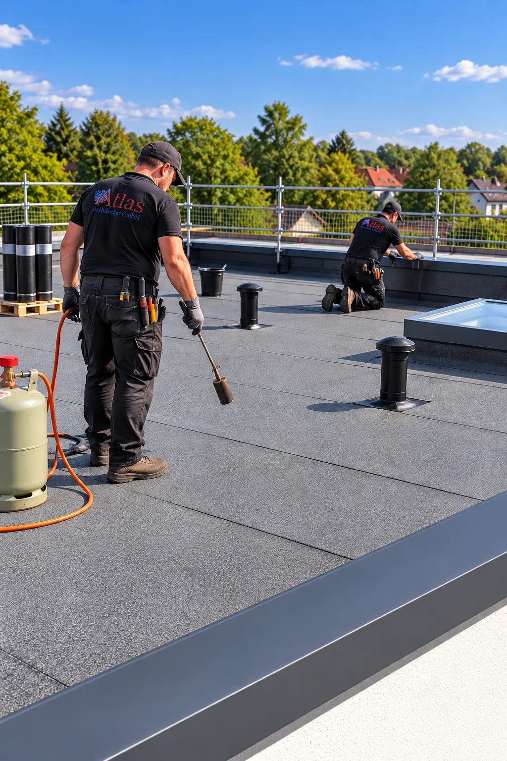 Roofers working on a flat roof