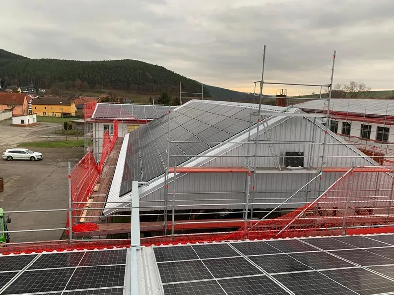 Solar PV on a commercial roof with scaffolding