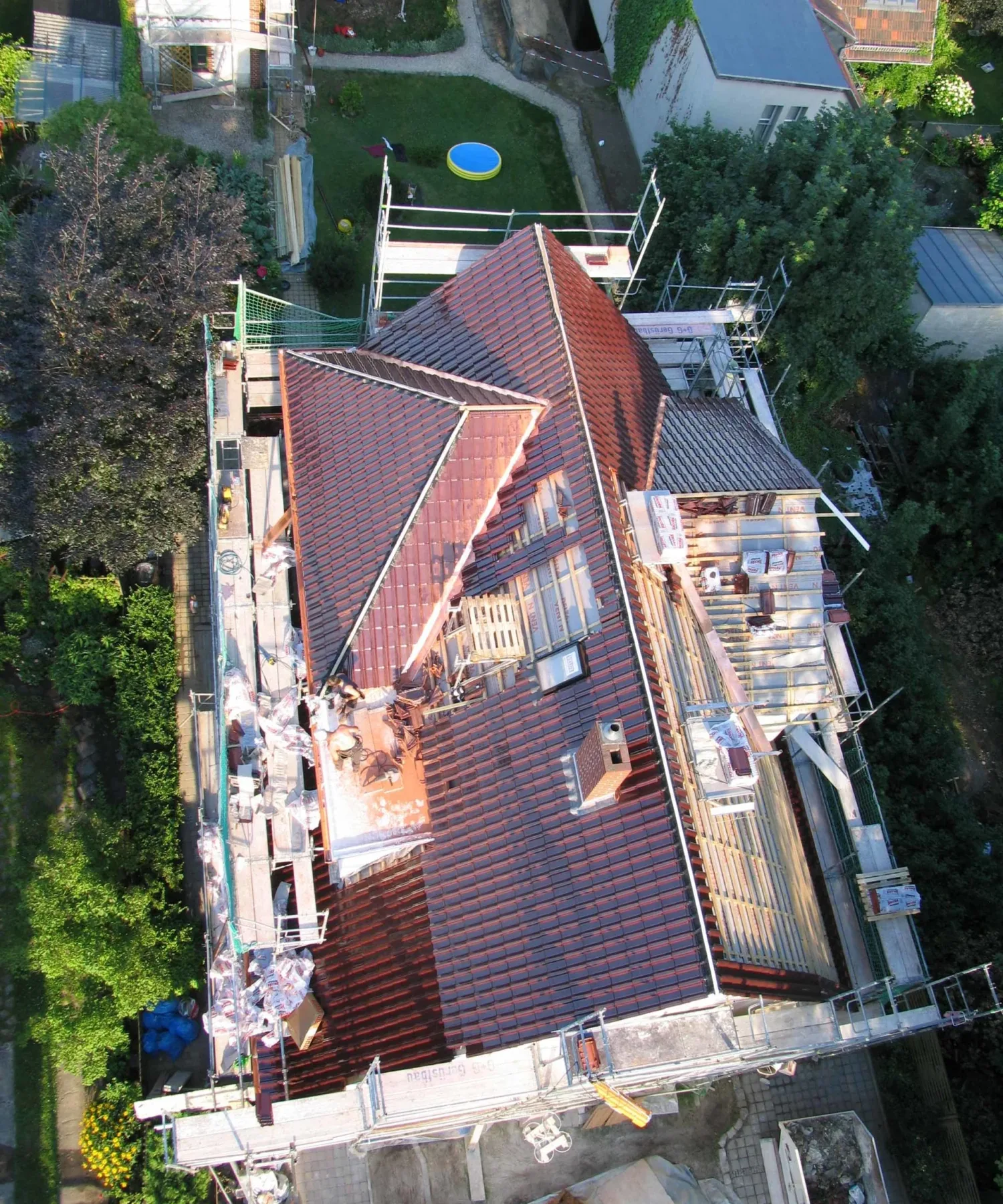 Aerial view of a roof renovation by Atlas Dachdecker